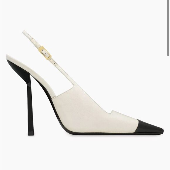 Saint Laurent YSL Ines Slingback Buckle Ivory & Black Leather Heels 40 EU 10 US - Picture 9 of 10